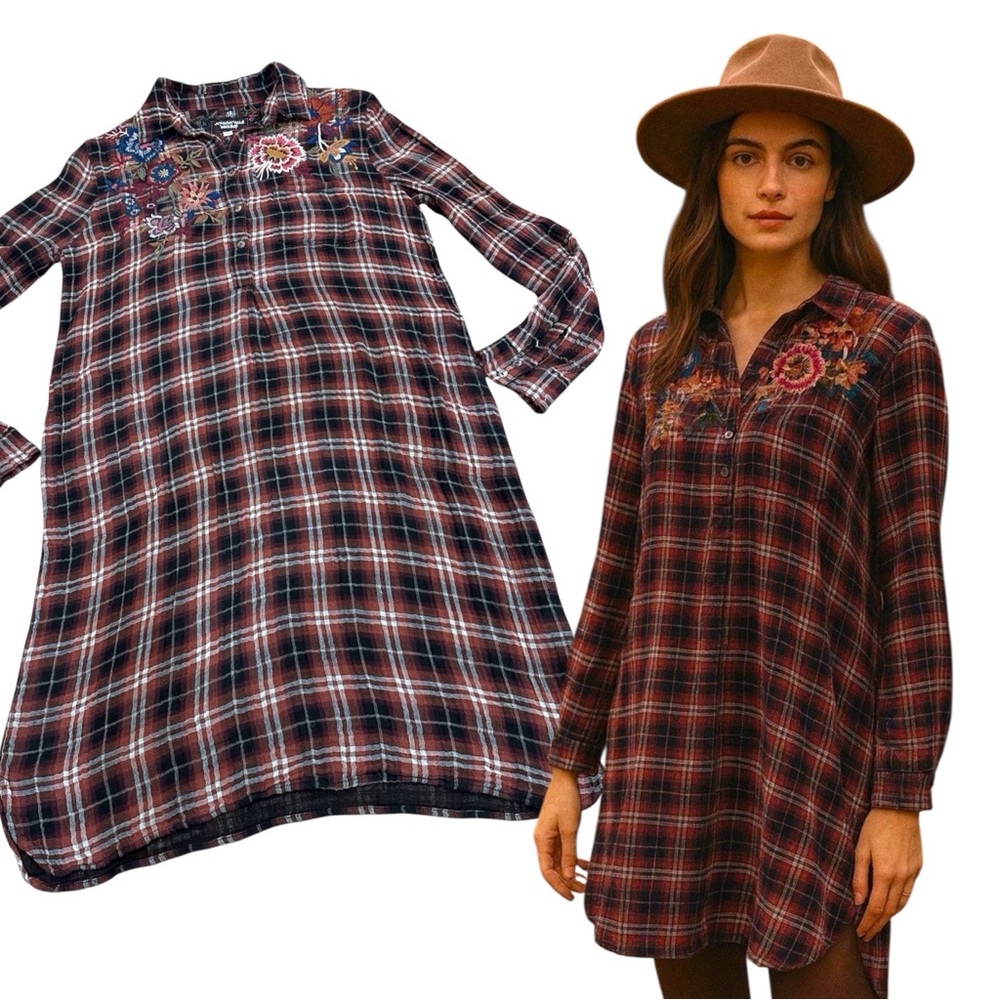 Johnny Was Workshop Double Gauze Plaid Rustic Western Collared Tunic Dress Small